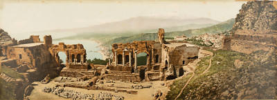 Sicilia. Taormina. Panorama del Teatro Greco coll  Etna.  photochromie, vintag