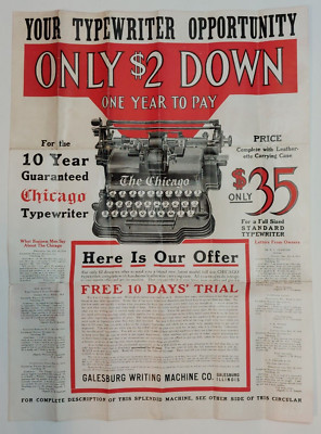 Chicago Typewriter Original Poster Circular c.1915 Two-Sided approx 17x23 RARE