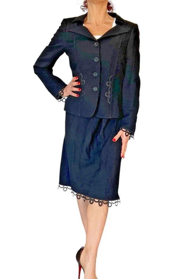 CHAQUETA FALDA TRAJE VINTAGE RENA LONG 2 PIEZAS LANA NEGRA BORDADA MUJER 8 Foto 4 de 4