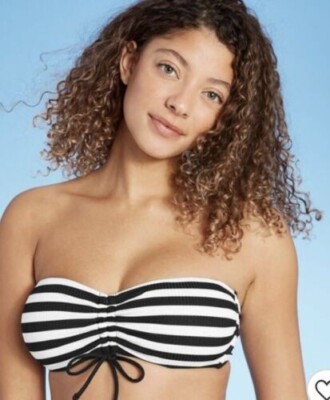 Kona Sol  Women Rio Ribbed Center Cinch Bandeau Bikini Top Black White XS(0-2)