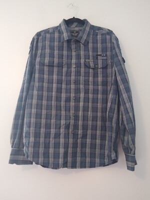 Marc Ecko Cut & Sew Men's Large Blue Plaid Embroidered Back Graphic Pockets 