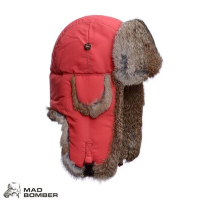 Mad Bomber Hat Rabbit Fur Ear Flaps Warm Aviator Hunting Red