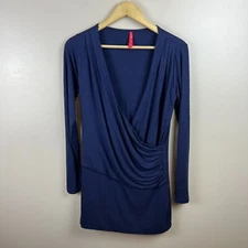 Ruby Ribbon Vivan Tunic Top Size Small Blue Faux Wrap Stretch Navy Blue Casual