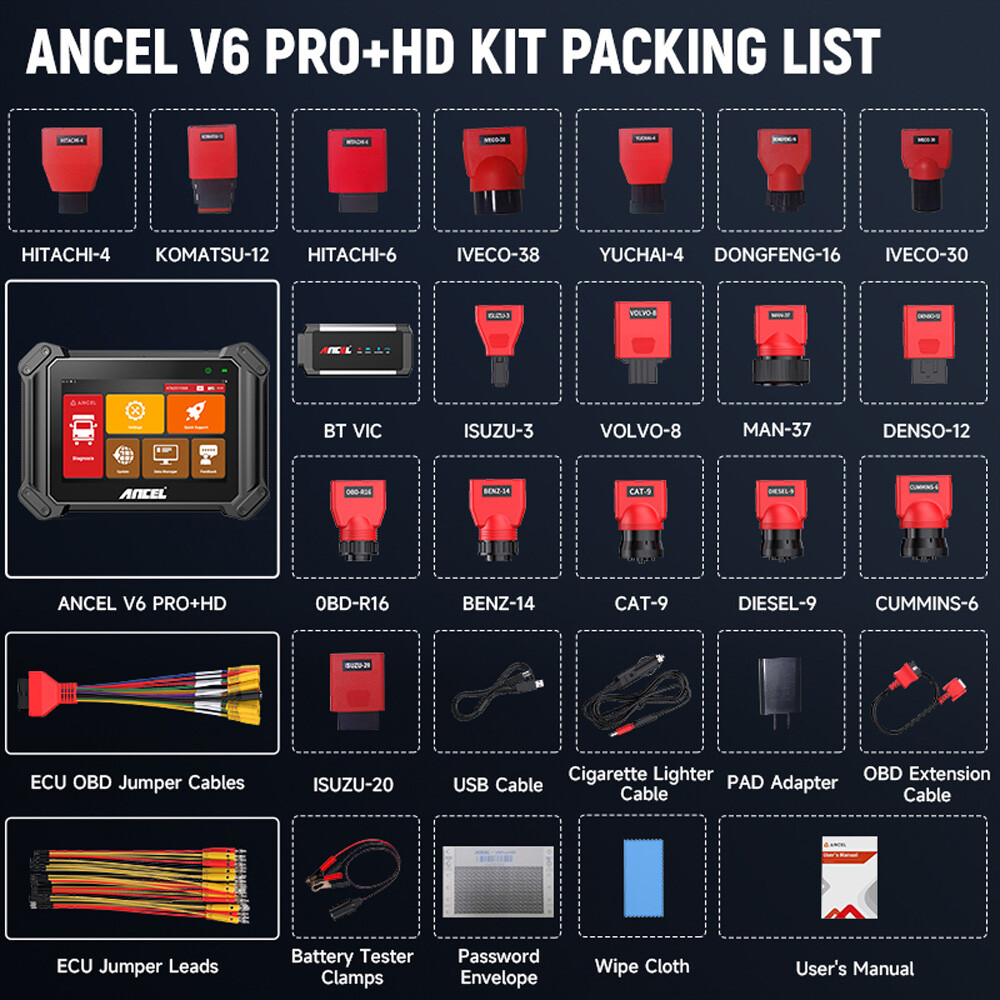 ANCEL V6 Pro+ HD Diesel Heavy Duty Truck Car OBD2 Scanner Diagnostic ECU Coding