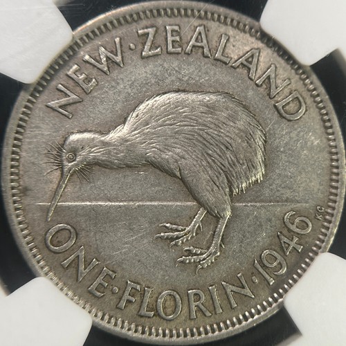 NEW ZEALAND. 1946, Florin, Silver - NGC AU50 - KGVI, Kiwi, Flat-Back, RARE - 第 5/6 張圖片