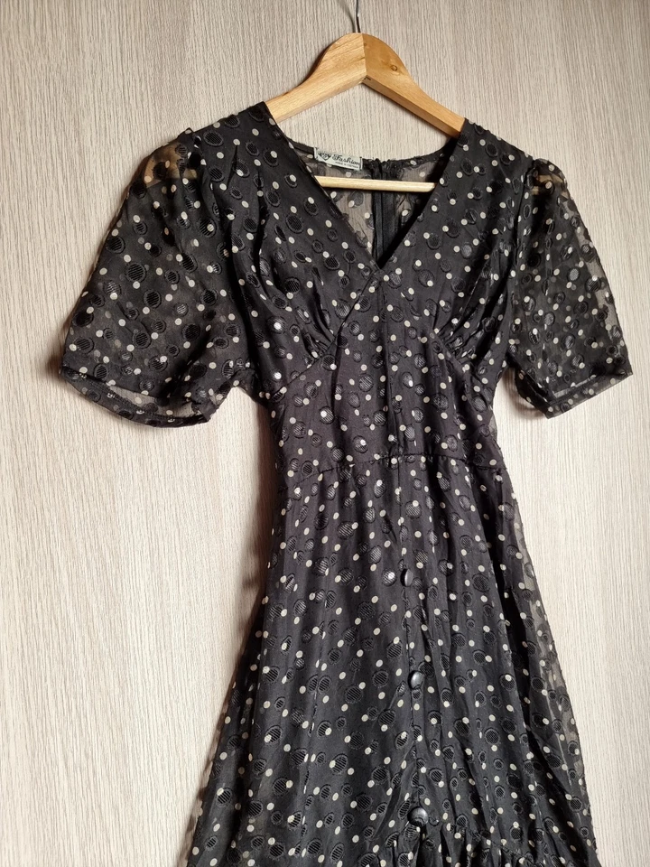 Vestido Retro Lunares Talla 8 Etiqueta Vietnamita Negro Mujer Moda Transparente Foto 2 de 4