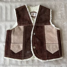 Vtg GENUINE LEATHER Suede Western Vest Youth Sz 10 Brown Sherpa Shearling Lined