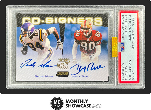 RANDY MOSS JERRY RICE PSA 8.5 MBA GOLD 1999 TOPPS STADIUM CLUB CO-SIGNERS AUTO