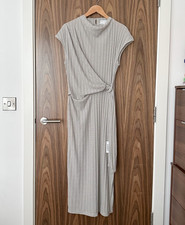 ASOS Black White Textured Stripe Mock Neck Ring Tie Belt Midi Maxi Dress 16 NEW