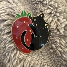 Black Cat Enamel Pin Strawberry Kitty Kitten Brooch Cat Lady Gift Summer Fruit