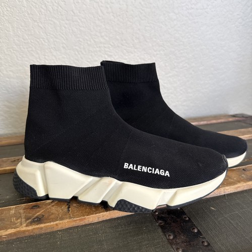 Balenciaga Speed Trainer Black White High Top Knit Sneakers Rubber Sole Sz 7.5