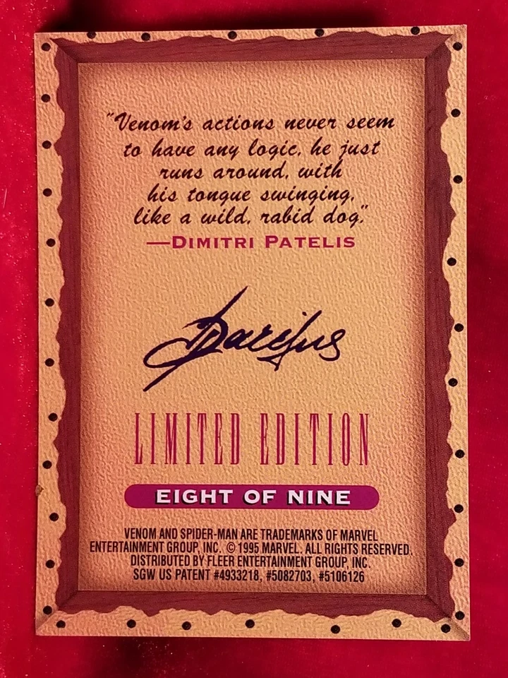 1995 Marvel Fleer Ultra VENOM Dimitri Patelis SIGNED Card Spiderman Masterpieces - Image 2 of 2