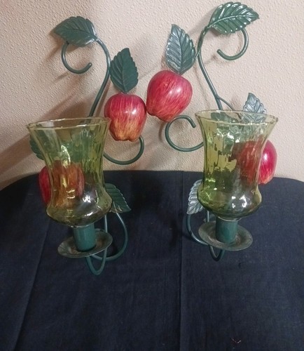 2 Vtg Home Interior Metal Wall Sconce Apple Candle Holders w/ Glass Votive Cups - Bild 3 von 15