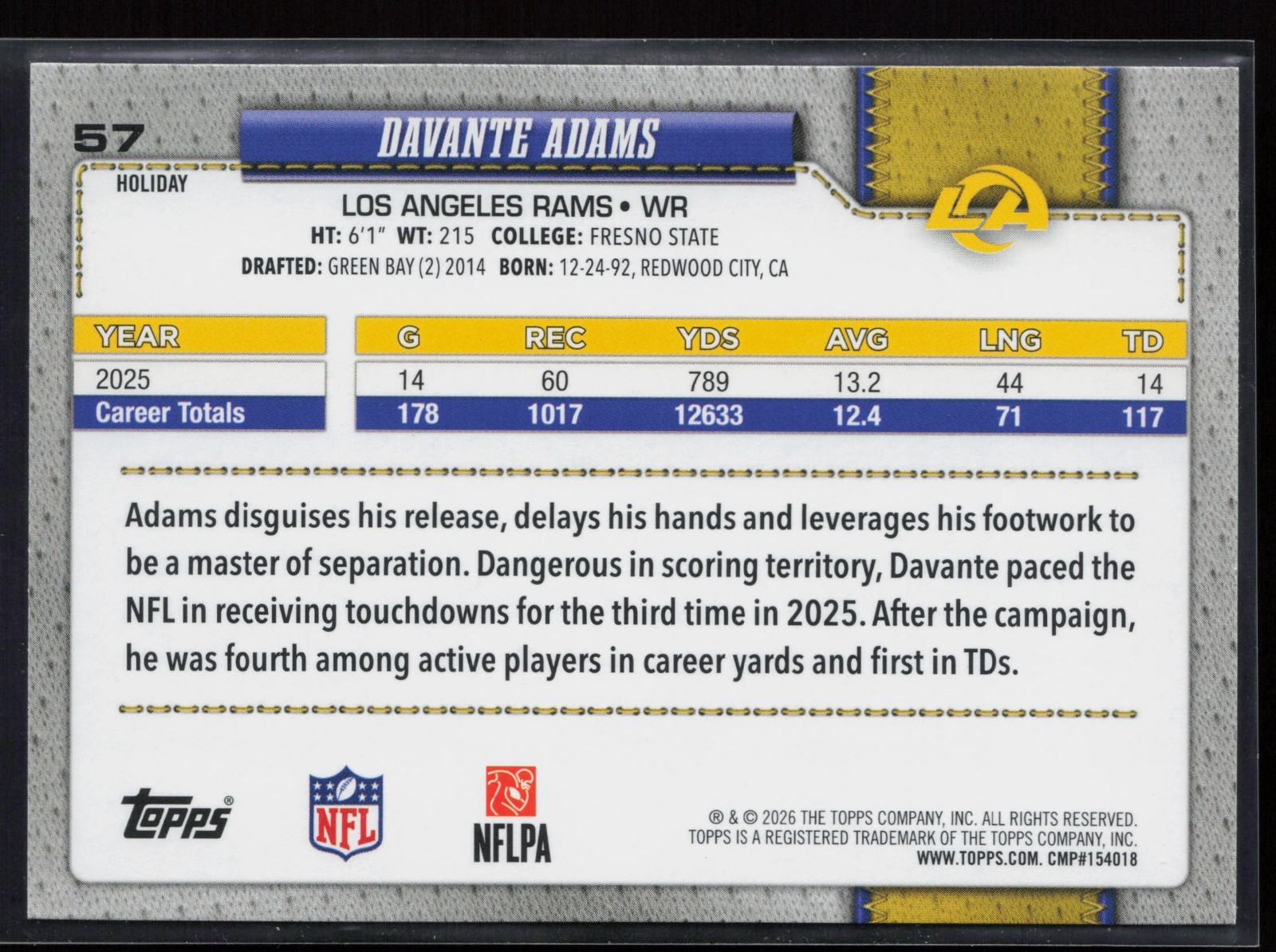 2026 Topps Holiday Davante Adams #57 Glitter Foil Rams | eBay