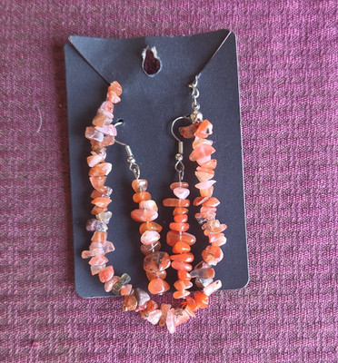 Orange Stone Chip Jewelry Set Bracelet & Earrings, Main Stone Color Orange
