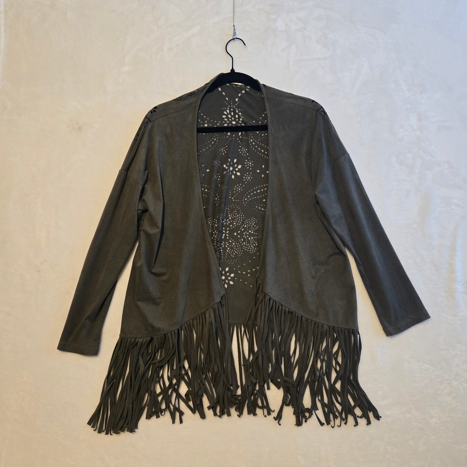 Women's Olive Green Fringed Cutout Kimono Cardigan Boho Festival