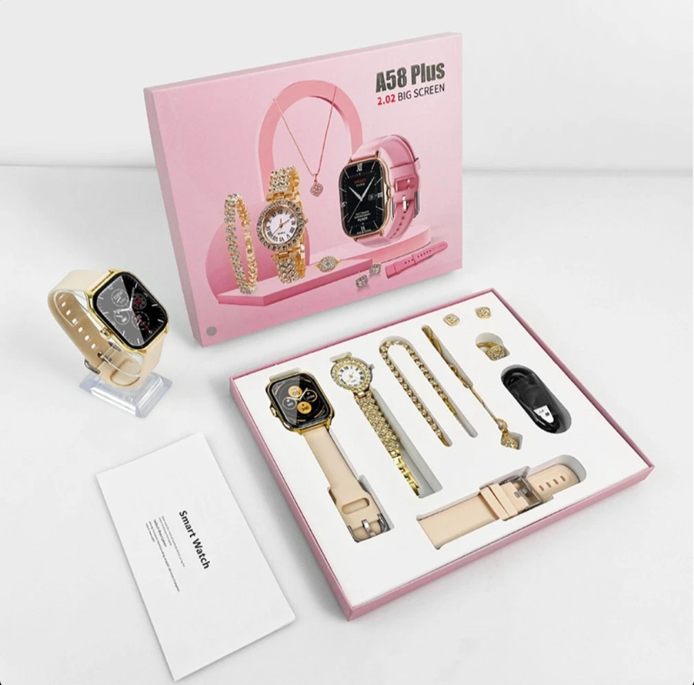 A58 Plus Smart Watch Combo Gift Set Women Fitness Tracker Quartz Health - Gold