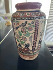 Jose Bernabe Tonala Pottery Petatillo Vase With Deer And Birds Mexico Vintage