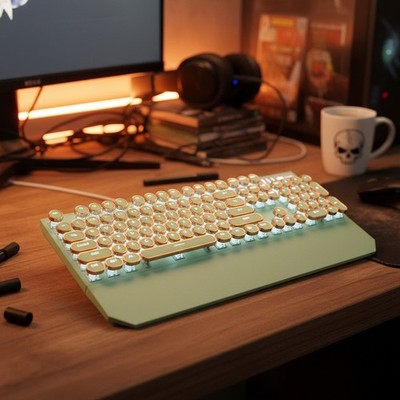 White Backlit Typewriter Style Keyboard - 104 Keys Green Retro Mechanical Gaming