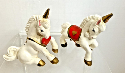Vintage 1981 W and Co Porcelain Unicorn Figurines Set of 2 Taiwan ROC White Gold