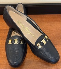 Salvatore Ferragamo-Navy Blue Leather Loafer Flats-Gold Tone Logo-Almond Toe-5B