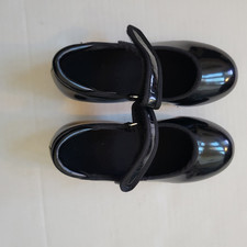 Black Patent Kids Mary Jane Tap Dance Shoes With Hook and Loop Straps Size 10C