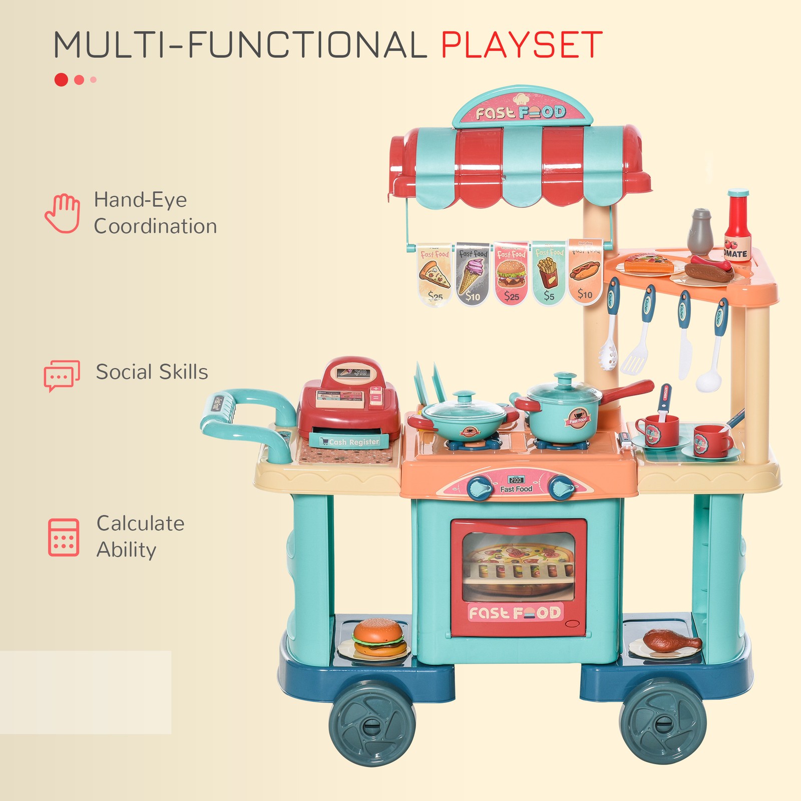 как выглядит Kids Kitchen with Accessories, Cash Register, Play Food, Wheels for kids 3-6 фото