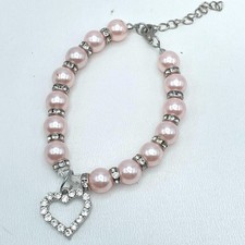 Vintage Silver Tone Pink Pearl Rhinestone Heart Charm Bracelet Jewelry 90s Boho