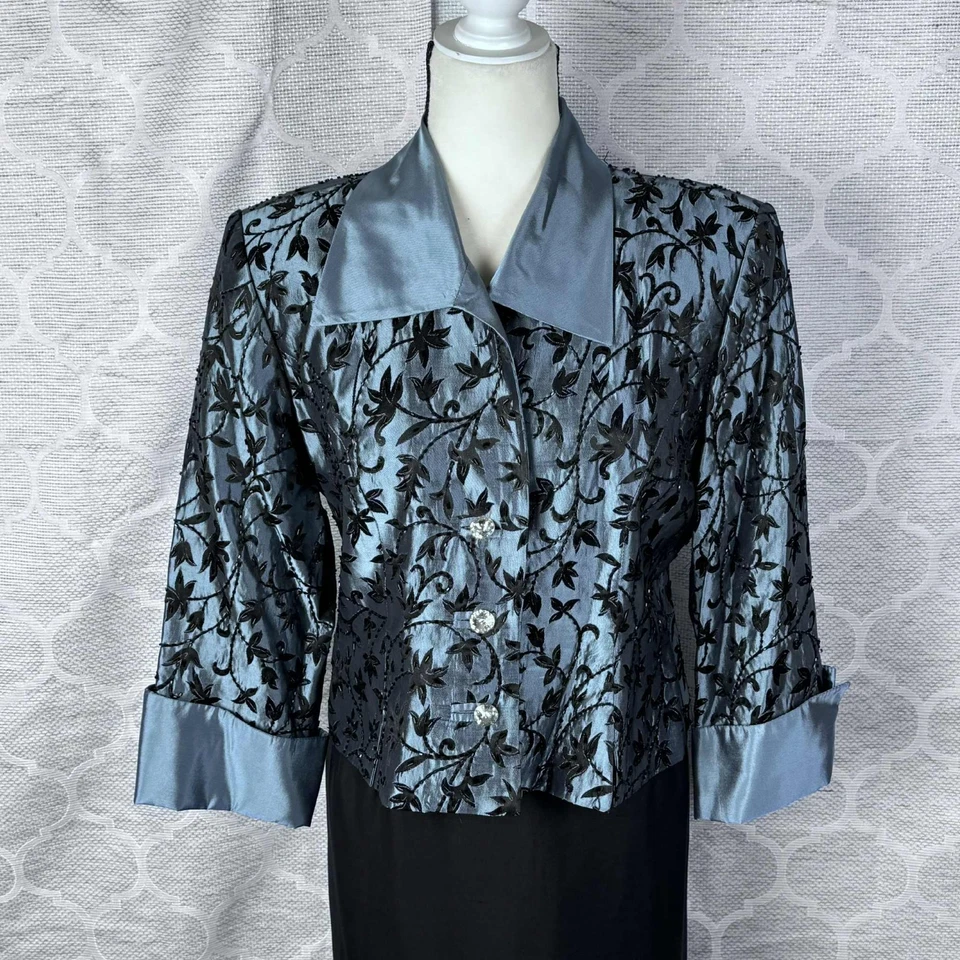 JS Collections Blue Taffeta Floral Beaded Rhinestone Cocktail Jacket 14 Skirt - Image 2 of 4