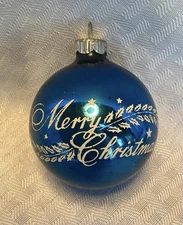 Vintage Blue Stenciled Shiny Brite Merry Christmas & Holly Sprigs Glass Ornament