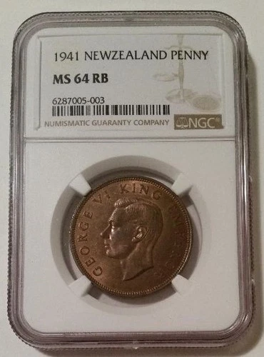 New Zealand George VI 1941 Penny MS64 RB NGC