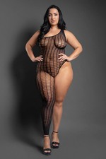 Black Asymmetrical Bodystocking Footless Fishnet Grid Queen Plus 14-18