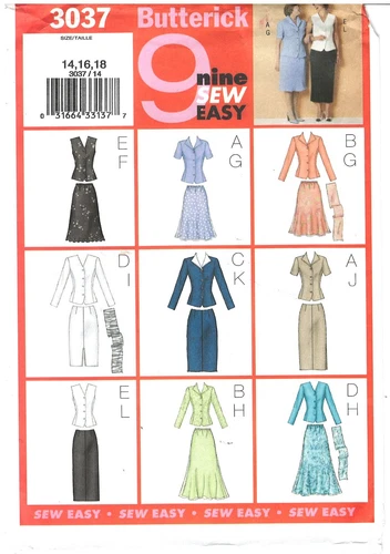 2001 Butterick Nine Sew Easy 3037 Misses Petite Top Skirt Scarf size 14-18 uncut