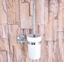 Polished Chrome Toilet Brush Set Holder Brush  Ceramic Cup Wall Mount aba795