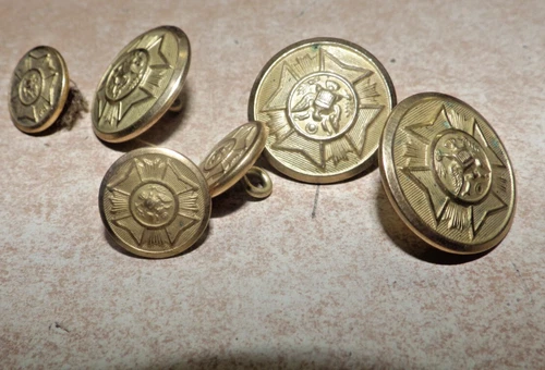 LOT OF 6 Military Eagle Seal Buttons BRASS WWI WW2 UNIFORM BUTTONS WATERBURY