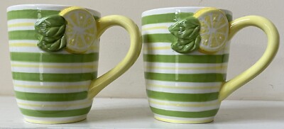 2 Mugs Park Designs LEMONADE COLLECTION Green Yellow Striped 3D Lemon Wedge