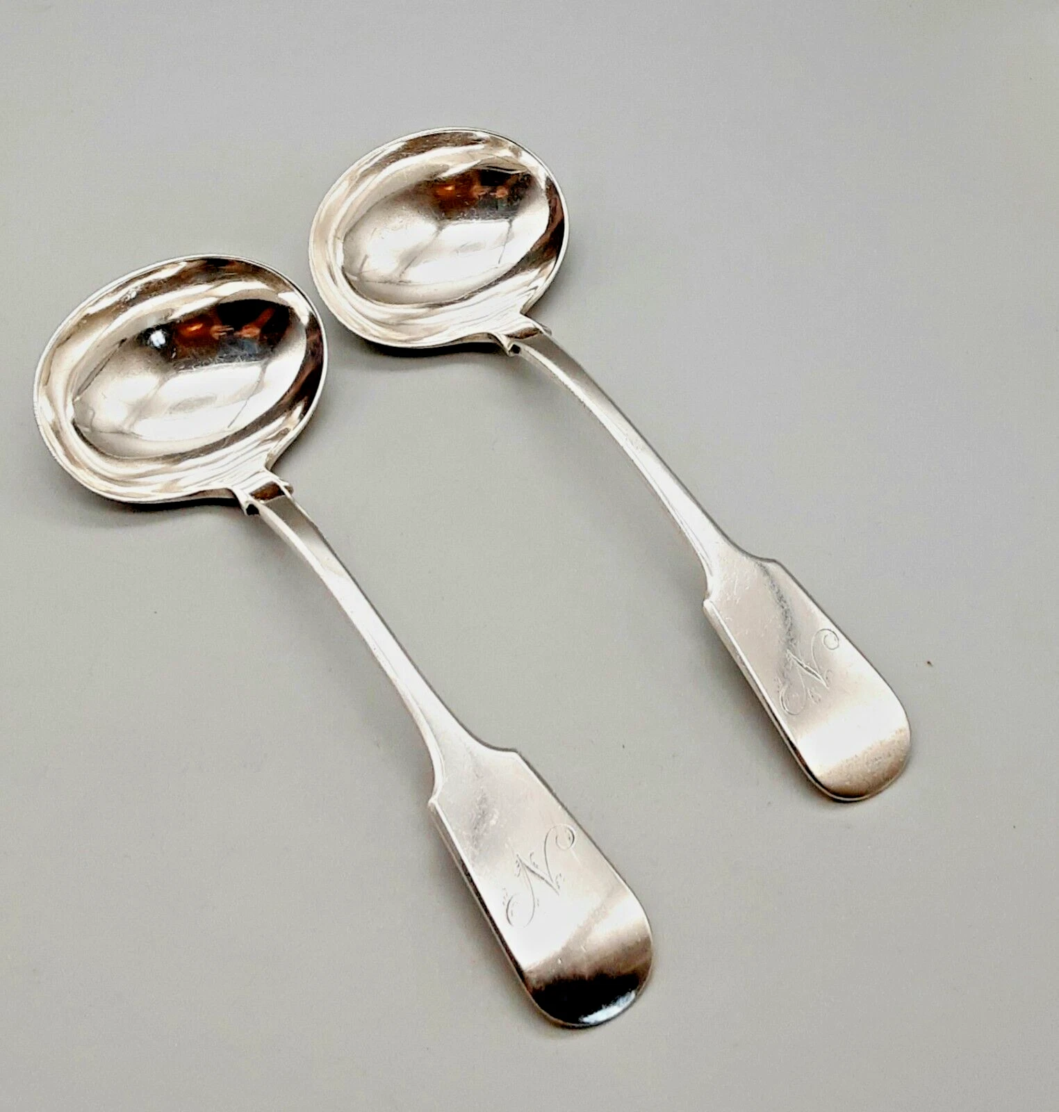 Pair Antique James Dixon Silver Plated Sauce or Gravy Ladles - Fiddle Initial N