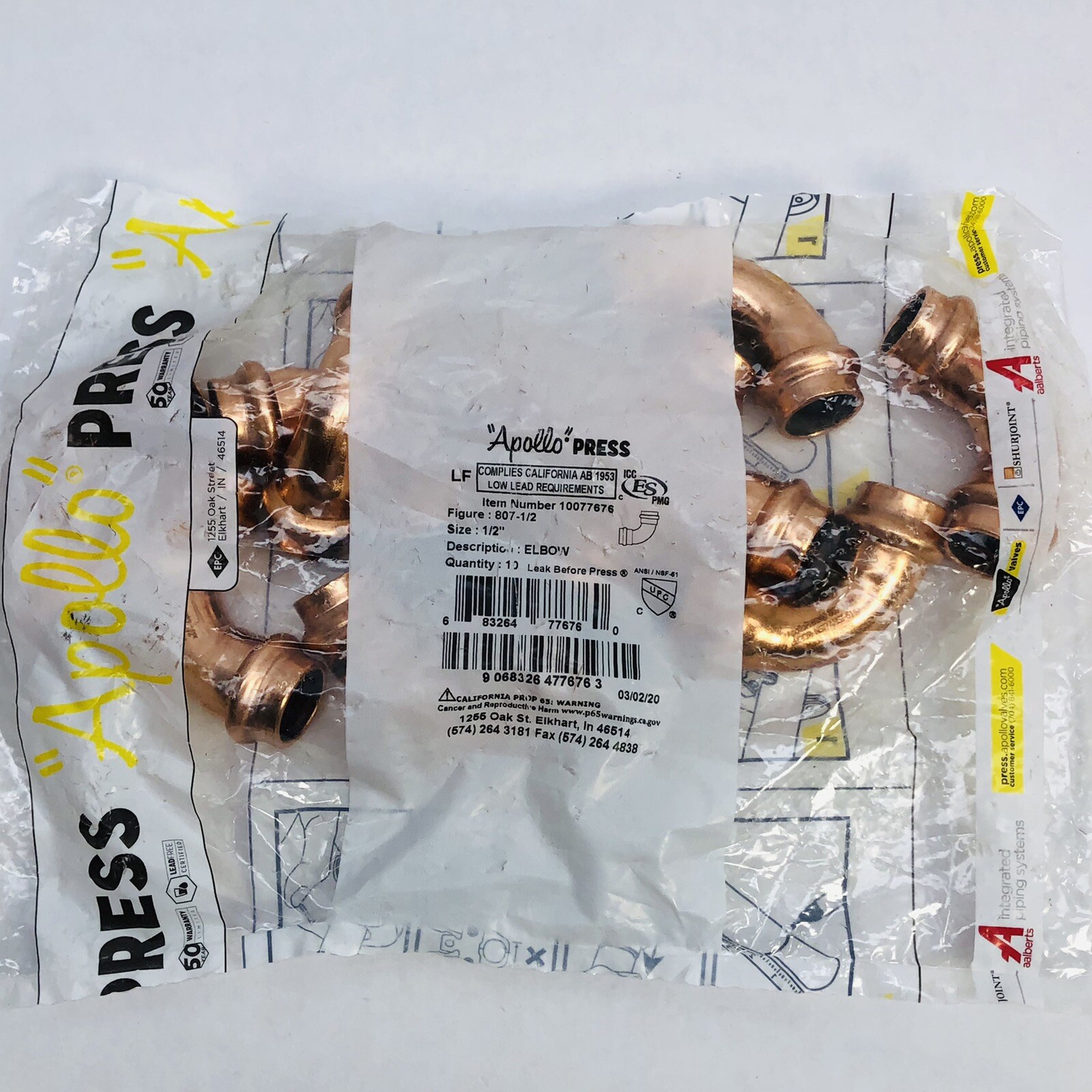 BAG OF 10 APOLLO PRESS - 10077676 - 807 - ½" CXC COPPER 90° ELBOW 