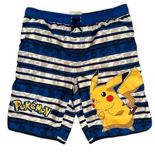 Pokemon Pikachu Blue Boys Size 14/16 Striped Swim Board Shorts Trunks Beach Surf