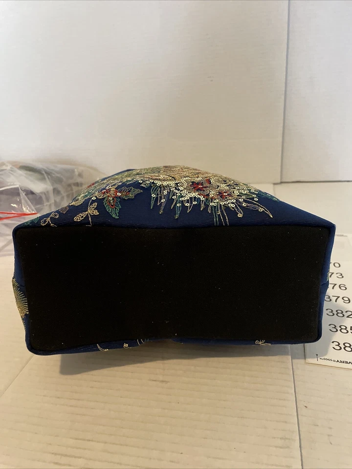 Bolso Cartera Boho Mediano Para Mujer Azul Marino Brillante Lentejuelas Pavo Real Bordado Foto 4 de 4