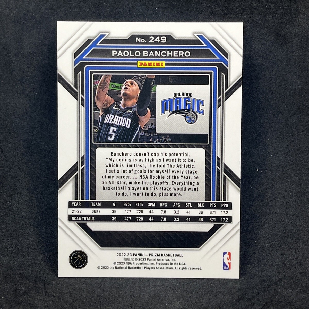2022-23 Panini Prizm PAOLO BANCHERO Base Prizm Rookie RC 2022-23 Panini Prizm PAOLO BANCHERO Base Prizm Rookie RC