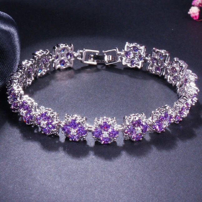 Joyería Regalo Flor Natural Púrpura Amatista Gemas Plata Mujeres Dije Pulseras Foto 4 de 4