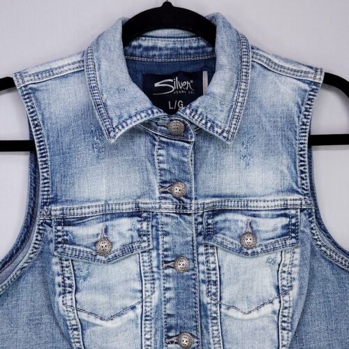 Silver Jeans Women's Denim Vest Size Large Distressed Raw Hem Grunge Y2K - Picture 3 of 11
