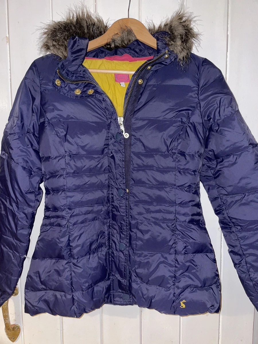 JOULES Womens Navy Hillier Down Padded Jacket UK 10 With Fur Trim Hood