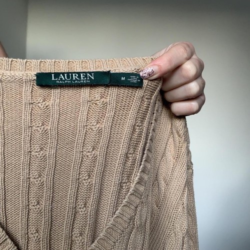 Lauren Ralph Lauren tan cotton cable knit v neck jumper, LRL logo, size M - Picture 7 of 8