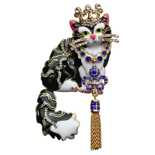 Ritzy Couture Enamel Princess Kitty Black Tuxedo Cat Pin Pendant (Goldtone) - Picture 2 of 6