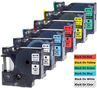 6PK Black on White Clear Blue Red Yellow Green Label For DYMO D1 45010 45013
