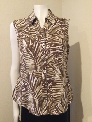New Women s christopher&banks button sleeveless linen brown floral top size M