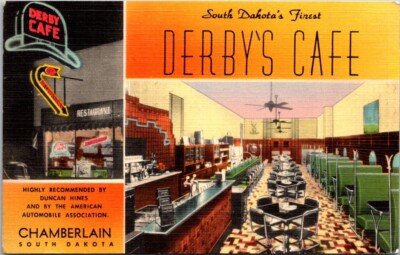Vintage Postcard Derby's Cafe Diner Restaurant Chamberlain South Dakota D10