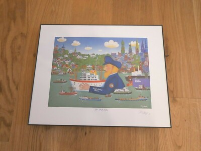 Jörn Meyer Der Hafenlotse Hamburg - Kunstdruck handsigniert 1978 - Naive Malerei